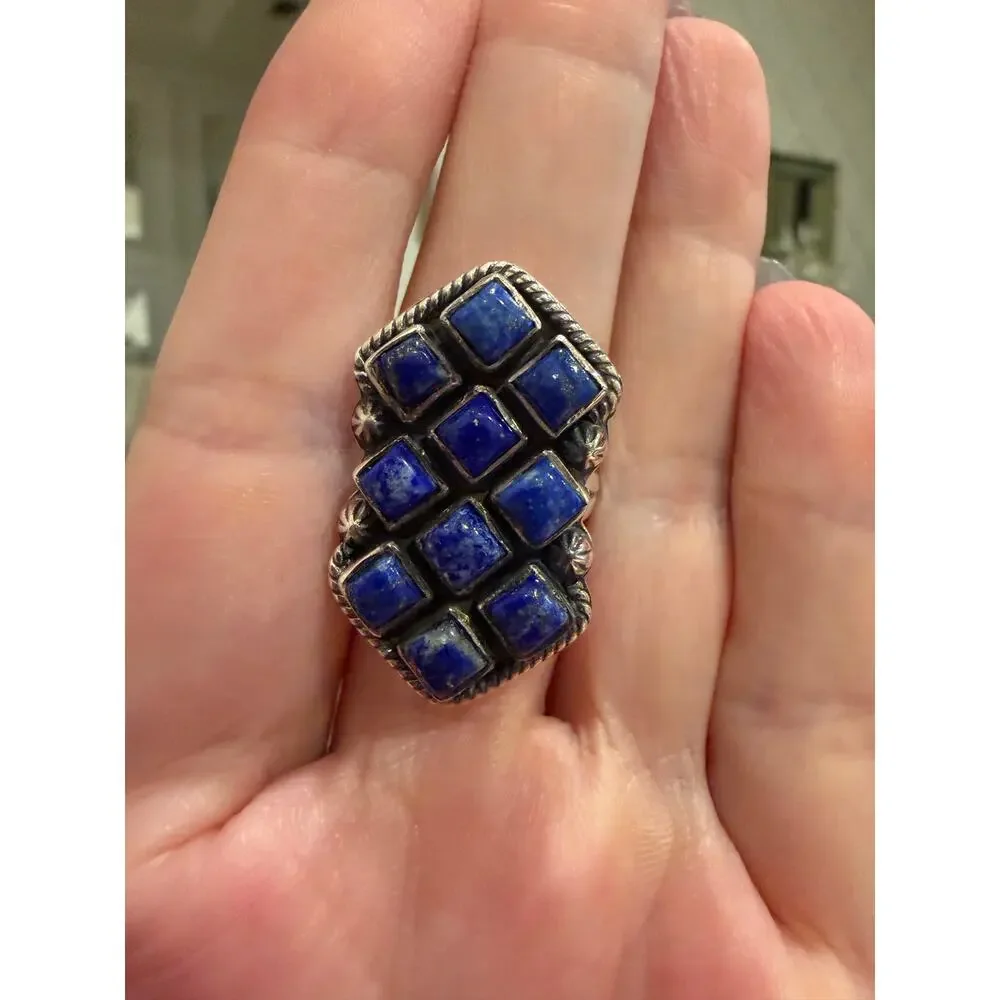 Lapis Lazuli Cluster Statement Sterling Silver Ring Size 7 BOHO